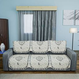 RUBOXA Grey & White 6 Pieces Printed Velvet Sofa Covers-28