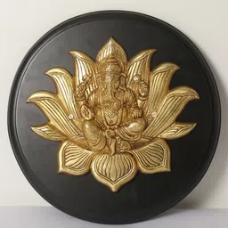 Exotic India Gold toned & Black Textured Lotus Ganesha Brass With Wooden Wall Decor-12