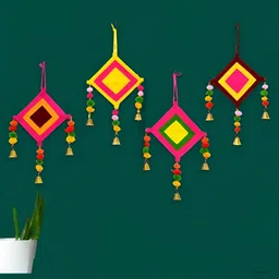 Aura Yellow & Red Pom Pom Kites Wall Hanging With Bells Strings-8