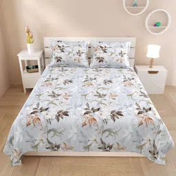 DREAM WEAVERZ Blue & Pink Floral 220 TC Cotton King Bedsheet With 2 Pillow Covers-image-37