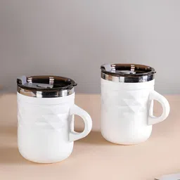 Nestasia White 2 Pieces Textured Stainless Steel Matte Mug With Lid  400 ml-60