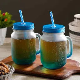 ceradeco Set of Blue Frosted Coloured Mason Jar With Metal Lid & Straw 480 Ml Each-picture-35