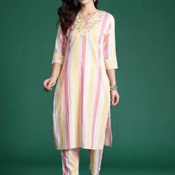 Indo Era Striped Thread Work Pure Cotton Kurta with Trousers-picture-9