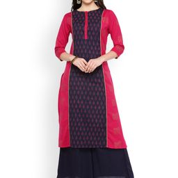 Bitterlime Women Pink & Navy Blue Block Print Straight Kurta-image-10