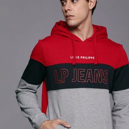Louis Philippe Jeans Men Red And Grey Melange Colourblocked Pure Cotton Hooded Sweatshirt-3