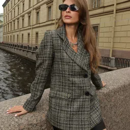 Dlanxa Women Green Checked Double-Breasted Blazer-picture-57