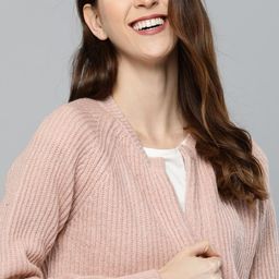 Mast & Harbour Women Dusty Pink Shimmer Effect Striped Front-Open Sweater-image-22