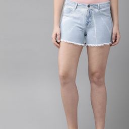 Roadster Women Blue Washed Regular Fit Denim Shorts With Raw Edge-picture-3