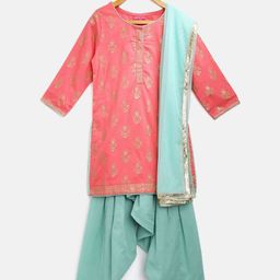 Biba Girls Peach-Coloured & Green Printed Kurta with Salwar & Dupatta-image-61