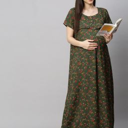 MomToBe Green Printed Maxi Maternity Sustainable Nightdress-image-68
