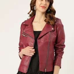 Leather Retail Women Maroon Solid Lightweight Leather Jacket-picture-22