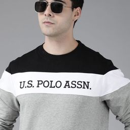 U.S. Polo Assn. Men Grey Melange & Black Colourblocked Hooded Sweatshirt-image-50