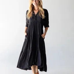 PIMU Women Mandarin Collar Cotton Fit & Flare Midi Dress-image-17