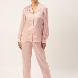 Rapra The Label Women 6 Pcs Pink Solid Satin Pyjama Set-image-110