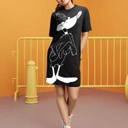 Bewakoof Official Looney Tunes Merchandise Daffy Graphic Printed Oversized T-shirt Dress-picture-53