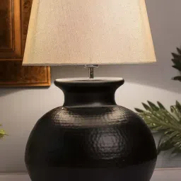 Homesake Black Hammered Pitcher Table Lamp With Khadi Drum Shade (Bulb Included) - Set of 1-12