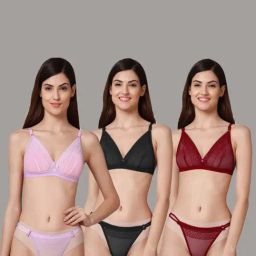 AROUSY Black & Pink Self Pattern Bra Panty Set - Pack Of 3-image-72