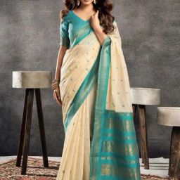 Satrani Cream & Teal Blue Woven Saree With Unstitched Blouse-image-39