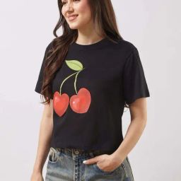 Globus Women Black Round Neck Short Sleeves Cherry Print Oversized T-Shirt-picture-42