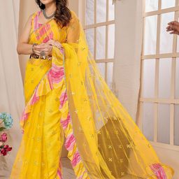 CATCHY FOREVER Embellished Mirror Work Net Saree image 4