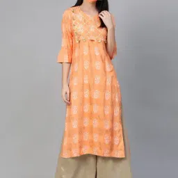 Sringam Peach Printed Straight Kurta With Mask-image-38