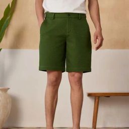 Andamen Olive Cotton Regular Fit Self Pattern Shorts-image-3