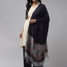 Indo Era Navy & Grey Woven Pattern Shawl-image-7