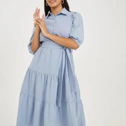 Styli Blue Cotton Self Pattern A-Line Dress-picture-15