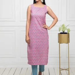 Myshka Pink Cotton Printed Straight Kurta-image-37