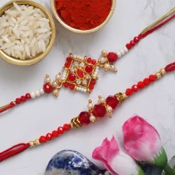 eCraftIndia Golden, Red & White Precious Stone Rakhis with Roli Chawal Pack - Set of 2-image-2