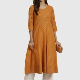 YASH GALLERY Yellow Cotton Printed Flared Kurta-image-67