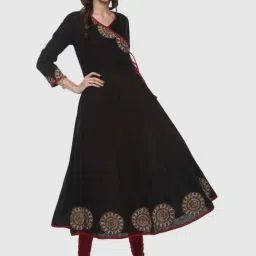 YASH GALLERY Black Cotton Printed Flared Kurta-picture-4