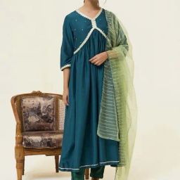 Jaipur Kurti Teal Blue Embroidered Flared Kurta With Dupatta-picture-39