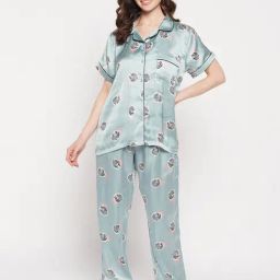 Clovia Sage Green Satin Printed Shirt With Pyjamas-image-26