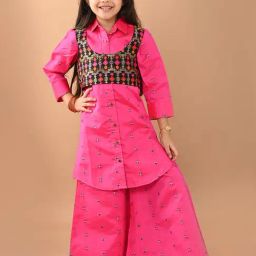 LilPicks Kids Pink Embroidered Shirt Kurta, Plazzos With Jacket-image-45