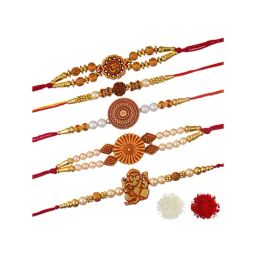 eCraftIndia Multicolor Rudraksha, Om, Ganesha, Flower, Pearl Rakhis with Roli Chawal Pack - Set of 5 image 3