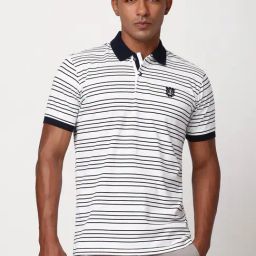 Peter England White & Black Cotton Regular Fit Striped T-Shirt-image-64