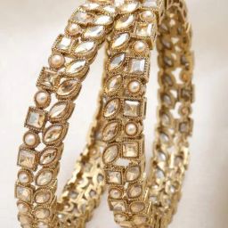 Karatcart Golden Kundan and Moti Studded Antique Gold-Plated Bangles for Women - Set of 2-25