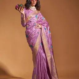 Odette Pink Satin Woven Design Saree with Unstitched Blouse Piece-image-30