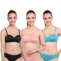 AROUSY Pink & Black Cotton Bra Panty Set - Pack Of 3-image-47