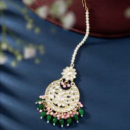 Peora Gold Plated Green & Pink Kundan Studded Ethnic Maangtikka Occassion Jewellery for Women-image-67
