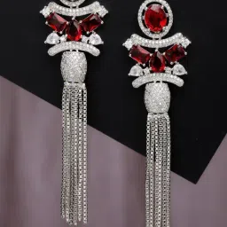 Zeneme Silver Plated Brass Contemporary AD Shoulder Duster Dangler Earrings-image-81