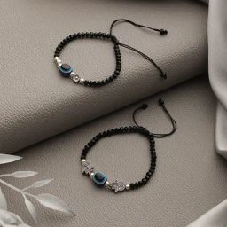 Aatmana Silver-Plated Floral Crystal Beaded Evil Eye & Hamza Bracelet - Set of 2-10