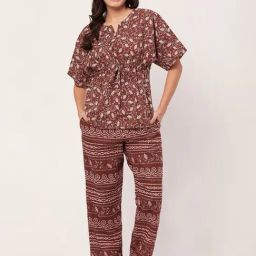 Moomaya Brown Cotton Floral Print Top With Pyjamas-17