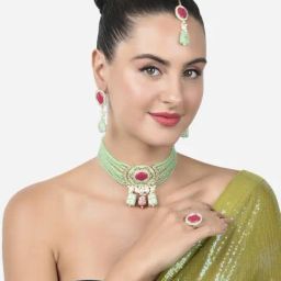 Zaveri Pearls Pink Green Meenakari Multistrand Necklace Earring Ring & Maangtikka Set-ZPFK15371-image-44