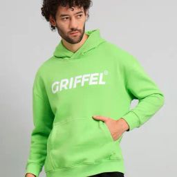 GRIFFEL Parrot Green Loose Fit Logo Print Oversized Hooded Sweatshirt-46