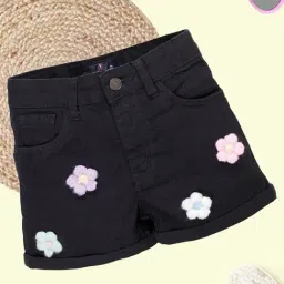 Kiddopanti Girls Black Denim Applique Shorts-image-50