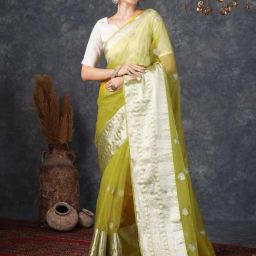 Satrani Lime Green & Silver Embroidered Saree With Unstitched Blouse-image-53