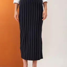Globus Women Navy Striped Mid-Rise Stretchable Side Slit Midi Pencil Skirt-picture-23