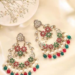 Priyaasi Floral Green and Ruby Stoned Beads Chandbalis-image-38